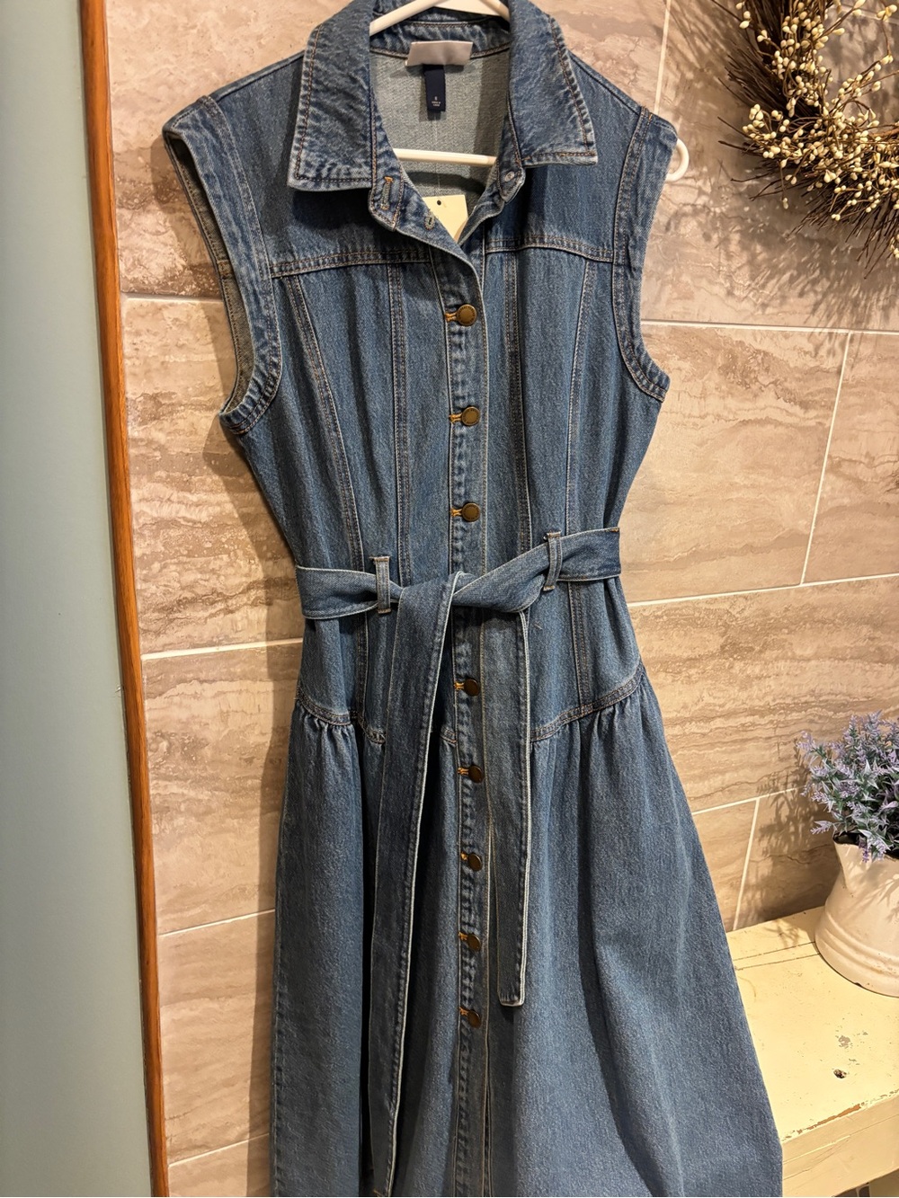 Universal Thread Sleeveless Blue Denim Button-Front Dress with Waist Tie nwt